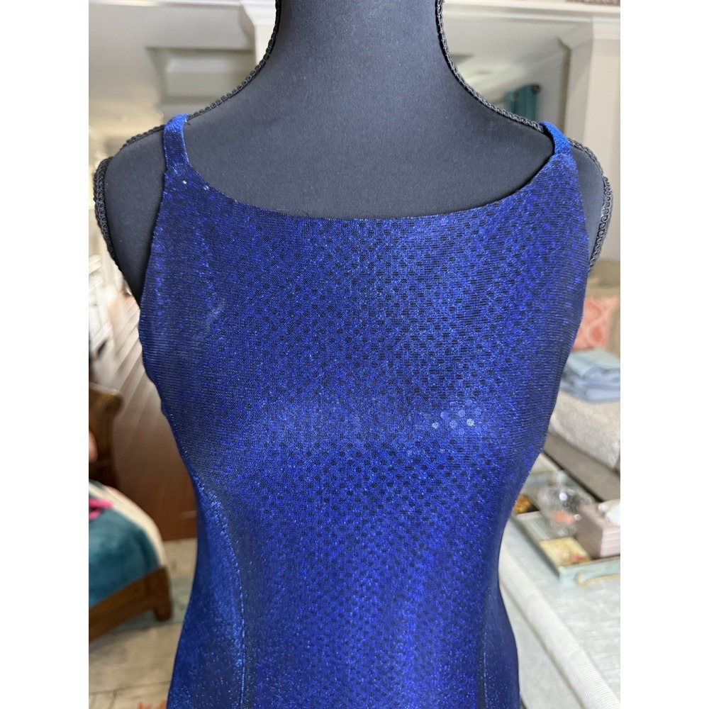 Y2K VTG Betsy Adam Jaslene Maxi Dress Gown Blue Mesh Metallic Shimmer Sz 8 - Picture 5 of 10